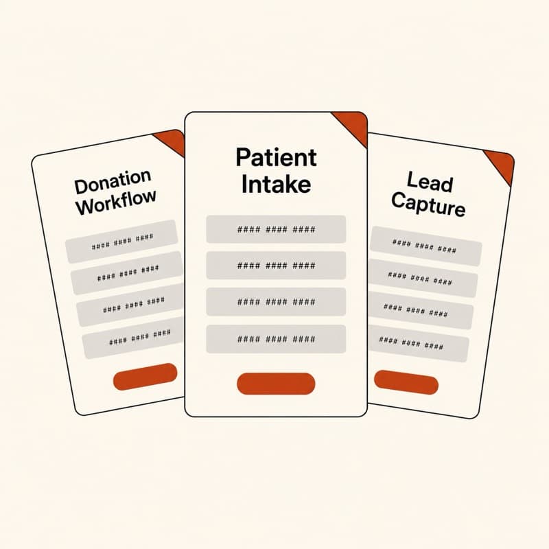 Three overlapping Jotform automation kits: Patient Intake, Donation Workflow, Lead Capture